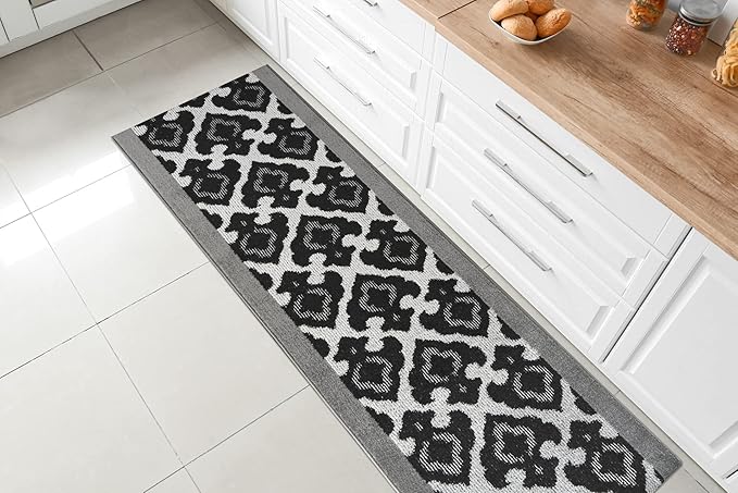 Custom Length Cut to Size Fleur de Lis Inspired Carpet Runner Rug for Hallways, Non Slip Rubber Backed, 31 inch Wide X Customized Length, Royal Grey, 31 inch X 30 feet