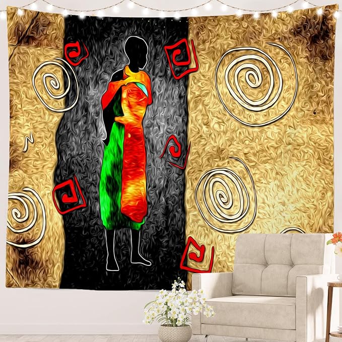 Batmerry African Ethnic Retro Tapestry, Vintage Motive Oil Landscape Fashion Wall Art Hanging Decoration Polyester Fiber White Ruffled Around For Dorm Room Bedroom Living Room, 90.6 X 78.7 Inches