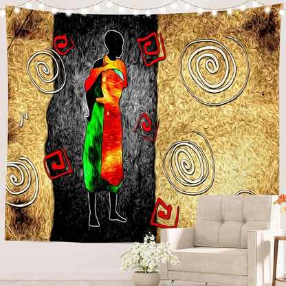 Batmerry African Ethnic Retro Tapestry, Vintage Motive Oil Landscape Fashion Wall Art Hanging Decoration Polyester Fiber White Ruffled Around For Dorm Room Bedroom Living Room, 90.6 X 78.7 Inches