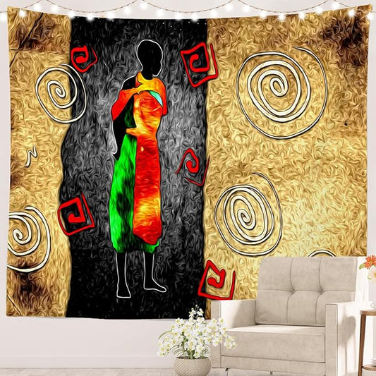 Batmerry African Ethnic Retro Tapestry, Vintage Motive Oil Landscape Fashion Wall Art Hanging Decoration Polyester Fiber White Ruffled Around For Dorm Room Bedroom Living Room, 90.6 X 78.7 Inches