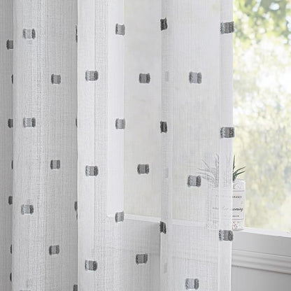 MYSKY HOME White Curtains for Bedroom 63 Inch Length Long Sheer Curtains for Kids Room Nursery Curtains with Grey Patched Design Rod Pocket Privacy Window Drapes Dining Room 52" x 63" 2 Panels