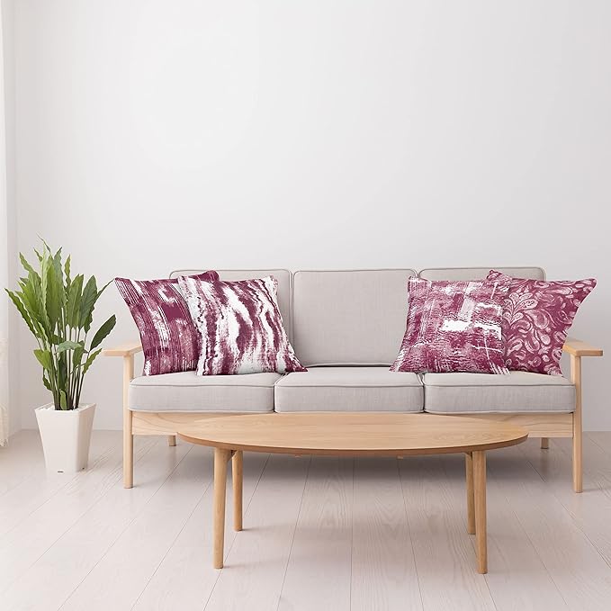 Ambesonne Vintage Throw Pillow Cushion Case Pack of 4, Abstract Grunge Effect Brushstrokes and Waving Striping Stains Paisley Drops, Modern Accent Double-Sided Digital Printing, 16", Raspberry Rose