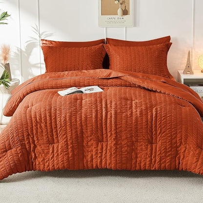 HYMOKEGE Burnt Orange King Size Comforter Set Seersucker 7 Pieces, All Season Luxury Bed in a Bag for Bedroom, Bedding Set with Comforters, Sheets, Pillowcases & Shams