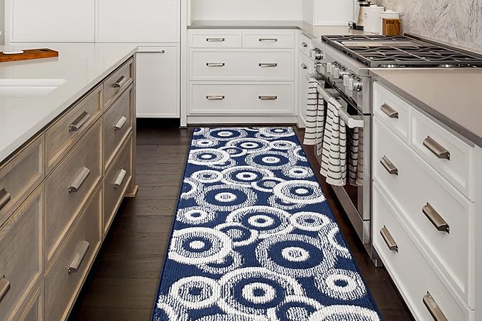 Custom Length Cut to Size Retro Modern Coastal Carpet Runner Rug for Hallways, Non Slip Rubber Backed, 31 inch Wide X Customized Length, Geo Blue, 31 inch X 8 feet