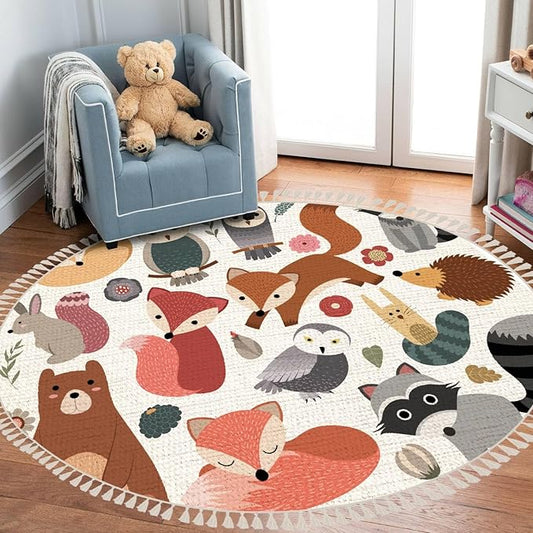 Round Rugs Woodland Animals Cute Forest Design Elements Boho Area Rug Linen and Cotton Carpet Meditation Rug Washable Hallway Runner Mat Accent Rug for Bedroom Bathroom 3ft