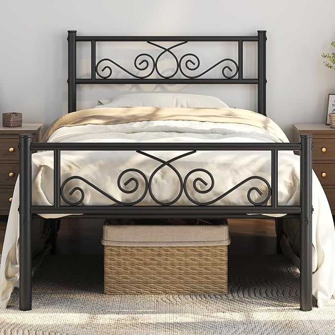 Yaheetech Twin Bed Frames Metal Platform Bed with Headboard and Footboard No Box Spring Needed Easy Assembly,Under-Bed Space: 12.6''/Black/Twin Bed