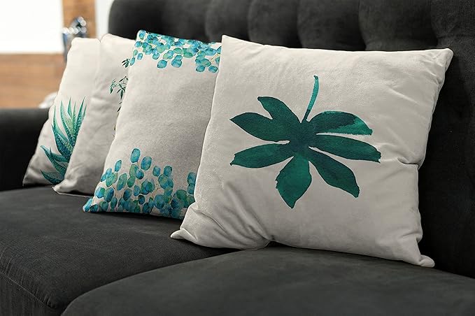 Ambesonne Botanical Throw Pillow Cushion Case Pack of 4, Minimalist Watercolor Painting Leaves Agave Branches Plant in a Pot, Modern Accent Double-Sided Digital Printing, 20", Teal Turquoise and White