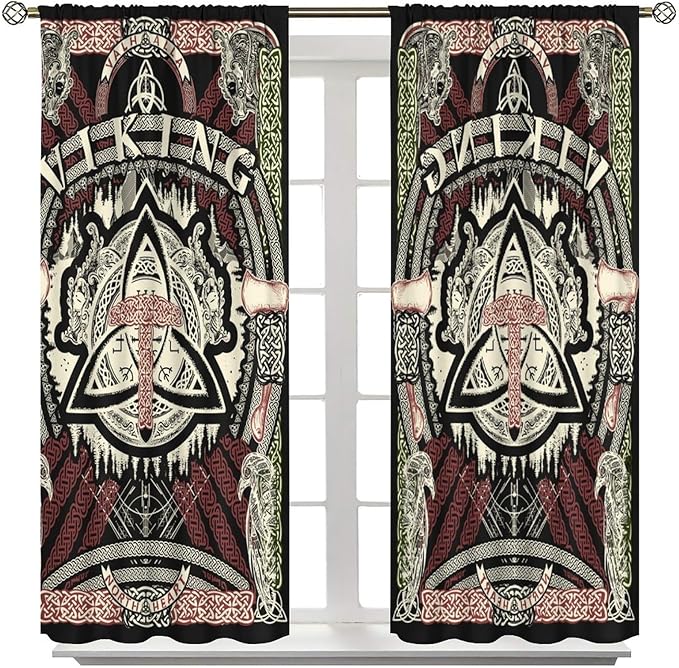 Viking Curtains Nordic Mythology Rune Weapon Antique Viking Pirate Crow Art Pattern Printed Curtains Bedroom Living Room Decoration Blackout Curtains W42 * L54 Inch