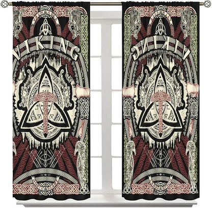 Viking Curtains Nordic Mythology Rune Weapon Antique Viking Pirate Crow Art Pattern Printed Curtains Bedroom Living Room Decoration Blackout Curtains W42 * L63 Inch