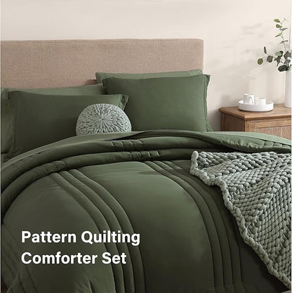 Monbix Full Comforter Set - 7 Pieces Olive Green Bed in a Bag Full Size Bedding Sets with Comforters, All Seasons Down Alternative Comforter with Sheets,Pillowcases & Shams