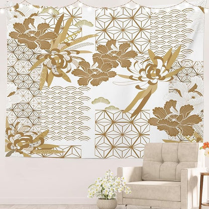 Batmerry Gold Japanese Floral Tapestry, Spring Wall Art Hanging Decoration Polyester Fiber White Ruffled Around For Dorm Room Bedroom Living Room, 30 X 40 Inches