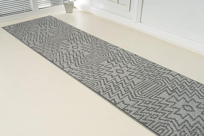Custom Size Southwestern Style Runner Rug Mat for Wide Hallway Entryway Kitchen Laundry Room with Slip Resistant Latex Rubber Backing, Inca Grey, 31 inch X 8 feet