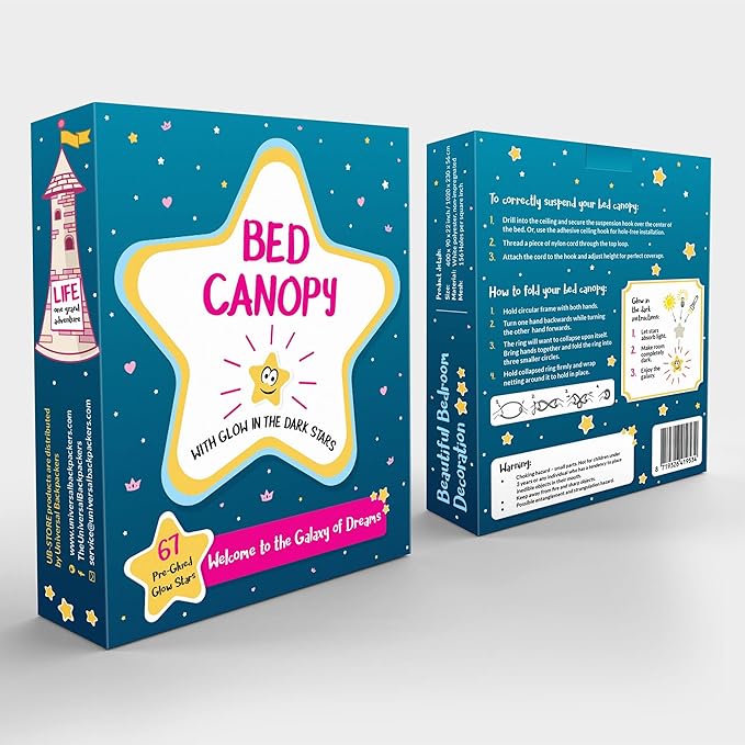 Canopy for Girls Bed with Pre-Glued Glow in The Dark Stars - Princess Mosquito Net Room Decor - Kids & Baby Bedroom Tent with Galaxy Lights - 1 Opening Canopy Bed & Hanging Kit Included