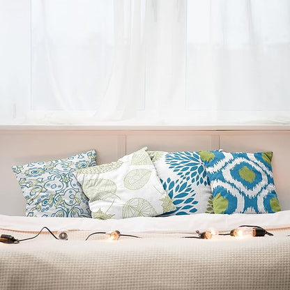 Ambesonne Vintage Throw Pillow Cushion Case Pack of 4, Bohemian Ornamental Leaves Dahlia Pattern Geometric Art Curlicue Motif, Modern Accent Double-Sided Digital Printing, 16", Blue Olive Green White