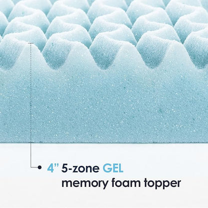 Mellow 4 Inch 5-Zone Memory Foam Mattress Topper, Cooling Gel Infusion, Dorm Essentials, Full Blue