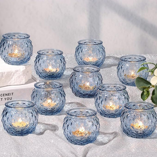 DARJEN Blue Votive Candle Holders Set of 24- Round Glass Candle Holders Bulk for Tea Light Candle, Diamond Texture Candle Votives for Wedding Centerpiece, Party & Home Decor