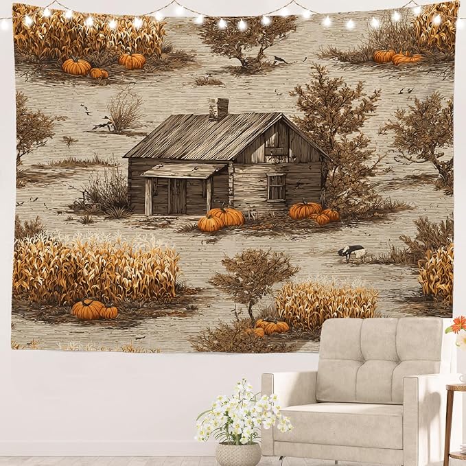 Batmerry Vintage Harvest Tapestry, Cabin In Pumpkin Field Wall Art Hanging Decoration Polyester Fiber White Ruffled Around for Dorm Room Bedroom Living Room, 39.1x59.1 inches