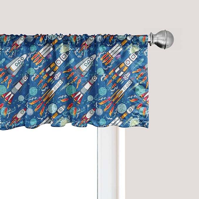 Ambesonne Spaceship Window Valance, Hand-Drawn Cartoon Spaceships Planets and Stars Outer Space Exploration Theme, Curtain Valance for Kitchen Bedroom Decor with Rod Pocket, 42" x 18", Violet Blue