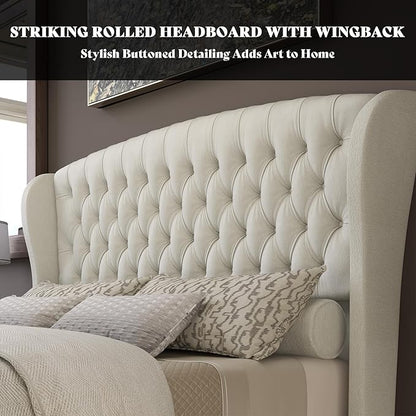 AMERLIFE California King Size Platform Bed Frame, Velvet Upholstered Sleigh Bed with Scroll Wingback Headboard & Footboard/Button Tufted/No Box Spring Required/Cream