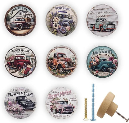 JamJam 8 Pack 1.8" Wooden Rustic Farmhouse Cabinet Knobs Vintage Car Wih Flower Heme Nursery Kids Room Dresser Drawer Knobs and Pulls
