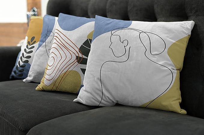Ambesonne Minimal Throw Pillow Cushion Case Pack of 4, Modern Line Art Woman Portrait with Contemporary Leafy Geometric Details, Modern Accent Double-Sided Digital Printing, 24", Mustard and Blue Grey