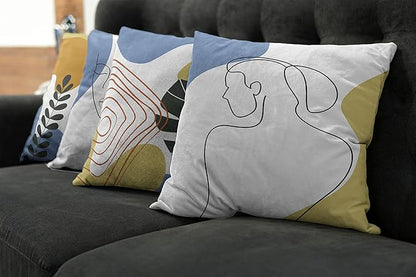 Ambesonne Minimal Throw Pillow Cushion Case Pack of 4, Modern Line Art Woman Portrait with Contemporary Leafy Geometric Details, Modern Accent Double-Sided Digital Printing, 18", Mustard and Blue Grey