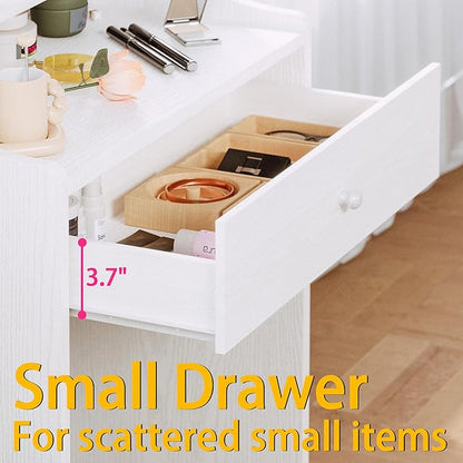 LIKIMIO Small Makeup Vanity Desk with Mirror and Lights, Vanity Table Set with Storage Drawer, Chair and Three Shelves, Bedroom, White