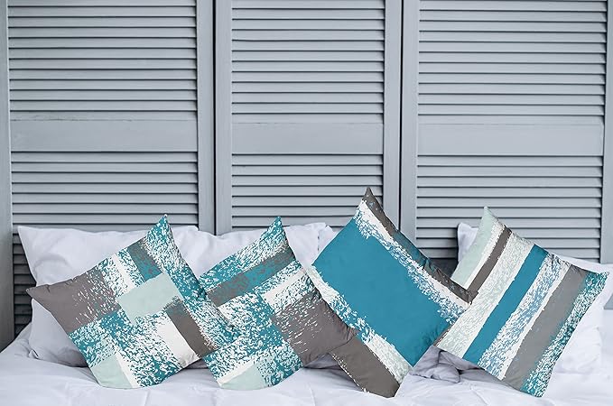 Ambesonne Grunge Throw Pillow Cushion Case Pack of 4, Abstract Design Simplistic Minimal Stripes Brushstrokes Contemporary, Modern Accent Double-Sided Digital Printing, 16", Sea Blue Grey and White
