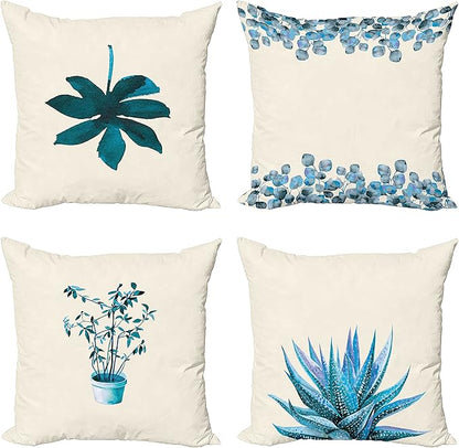 Ambesonne Botanical Throw Pillow Cushion Case Pack of 4, Minimalist Watercolor Painting Leaves Agave Branches Plant in a Pot, Modern Accent Double-Sided Digital Printing, 20", Teal Sea Blue and White