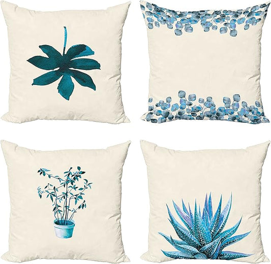Ambesonne Botanical Throw Pillow Cushion Case Pack of 4, Minimalist Watercolor Painting Leaves Agave Branches Plant in a Pot, Modern Accent Double-Sided Digital Printing, 20", Teal Sea Blue and White