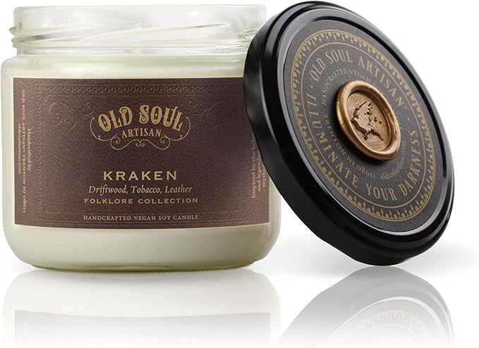 Kraken - Teakwood Driftwood, Tobacco, Leather Scented Soy Candle - Scandinavian Viking Norse Mythology Sea Monster - Nautical Beach Decor Boating Gift - 12oz Vegan