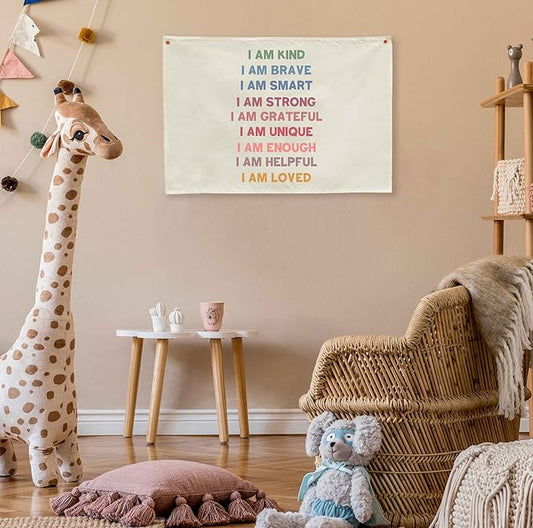 Boho Rectangular Banner Flag Wall Sign Decor Gift for Baby Boy Girl Kids,Positive Nursery Classroom Above Crib Bedroom Playroom Reading Room Essential Wall Decor- Christmas Gift I am Kind I am Brave