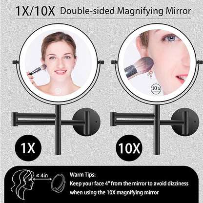8" Wall Mounted Makeup Mirror with Handle, 3 Color Lights Dimmable and 1X/10X Magnification, Rechargeable Bathroom Wall Mount Magnifying Mirror with Extension Arm Height Adjustable Black