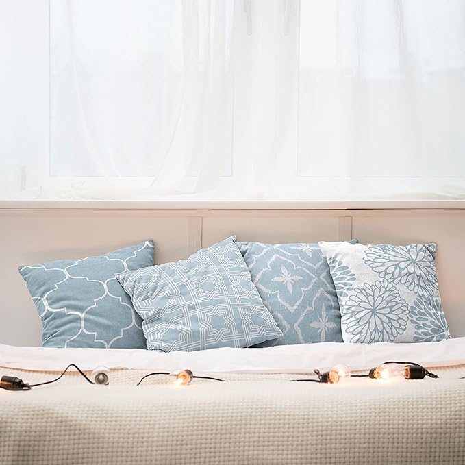 Ambesonne Vintage Throw Pillow Cushion Case Pack of 4, Monochrome Design Grid Trellis Quatrefoil Mesh and Dahlia Flowers Modern, Modern Accent Double-Sided Digital Printing, 20", Pale Cadet Blue White