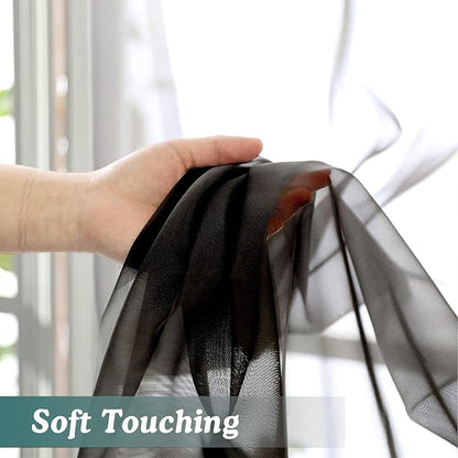 Chyhomenyc Black Sheer Window Curtain Panels 63 Inches Length, 2 Pieces, Voile Top Dual Rod Pockets Light Filtering Airy Trendy Drapes Window Treatment for Living Room/Bedroom, 42Wx63L