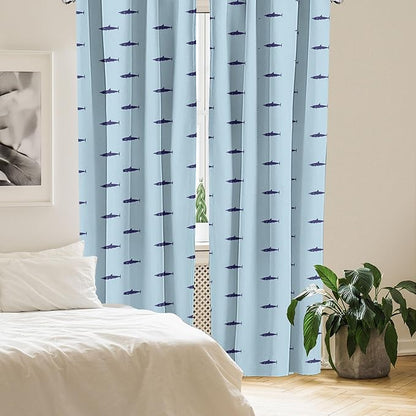 Ambesonne Shark Curtains, Ocean Life Pattern in Blue Shades Wildlife Under The Sea Saltwater Fauna, Window Treatments 2 Panel Set for Living Room Bedroom, Pair of - 28" x 63", Blue Navy
