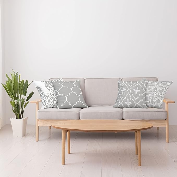 Ambesonne Vintage Throw Pillow Cushion Case Pack of 4, Monochrome Design Grid Trellis Quatrefoil Mesh and Dahlia Flowers Modern Print, Modern Accent Double-Sided Digital Printing, 24", Grey White