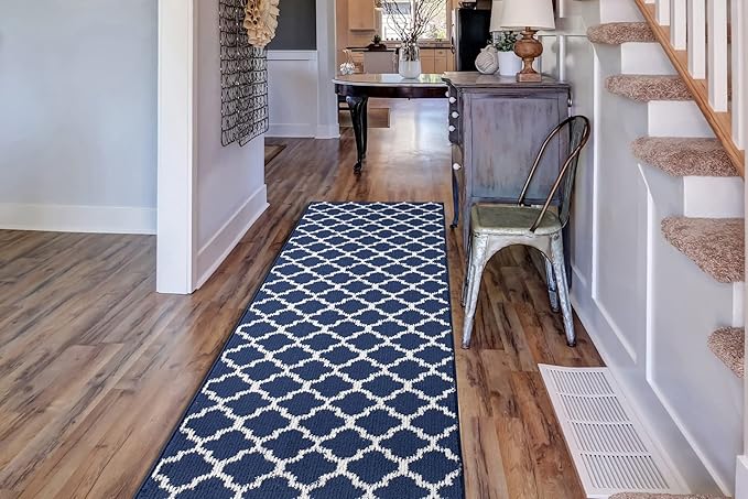 Custom Size Cut to Length Moroccan Trellis Design Runner Rug Mat For Wide Long Hallways with Non-Slip Rubber Backing, Better Traction for Pets, Prevent Slippage, Trellis Navy Blue, 31 inch X 18 feet