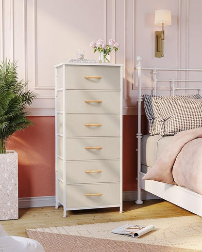 Crestlive Products Tall Dresser for Closet, Vertical Storage Tower - Sturdy Steel Frame, Wood Top, Easy Pull Fabric Bins Handles - Organizer Unit for Bedroom, Hallway, Entryway - 6 Drawers (Beige)