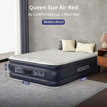 Air Mattress Queen with Built in Pump,18'' Inflatable Mattress of Vertical Beams,Self Inflatable/Deflation Blow Up Mattress in 3 Mins,Flocked Top Airbed with Carry Bag for Home, Camping
