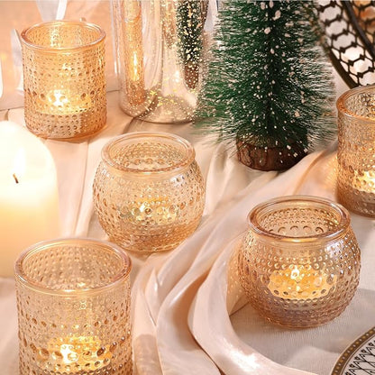 16 Pcs Assorted Gold Votive Candle Holders- Gold Candle Holders for Christmas Table Decorations, Glass Tealight Candle Holder for Thanksgiving, Fall, Wedding Table Centerpieces