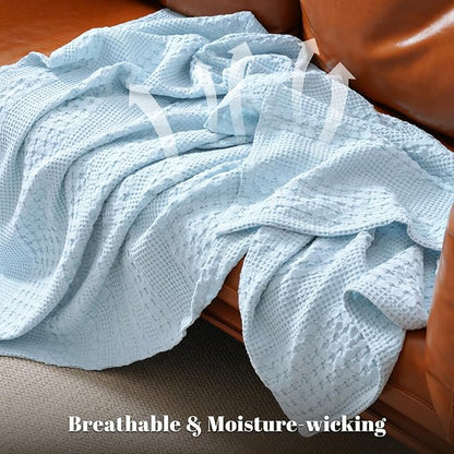 PHF 100% Cotton Waffle Weave Blanket King Size for Bed, Soft Lightweight & Breathable, All-Season Comfort, Luxury Aesthetic Woven Bedding for Home Decor, 108"x90", Baby Blue