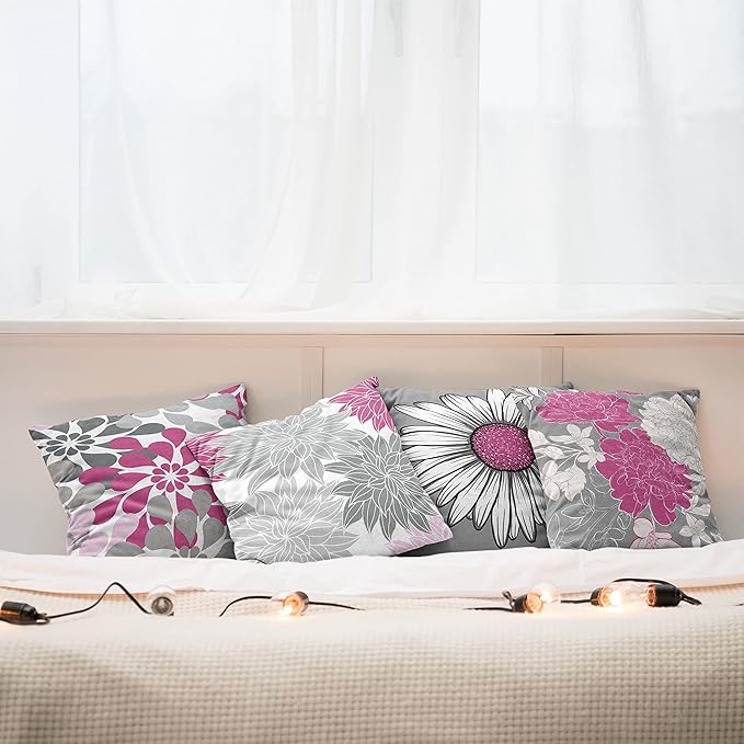 Ambesonne Floral Throw Pillow Cushion Case Pack of 4, Flower Petals Modern Color Palette Chamomile Peony Dahlia and Sunflower Print, Modern Accent Double-Sided Digital Printing, 24", Pink and Grey