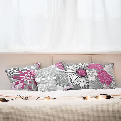 Ambesonne Floral Throw Pillow Cushion Case Pack of 4, Flower Petals Modern Color Palette Chamomile Peony Dahlia and Sunflower Print, Modern Accent Double-Sided Digital Printing, 24", Pink and Grey