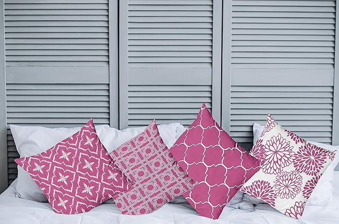 Ambesonne Vintage Throw Pillow Cushion Case Pack of 4, Monochrome Design Grid Trellis Quatrefoil Mesh and Dahlia Flowers Modern Print, Modern Accent Double-Sided Digital Printing, 24", Pink and White