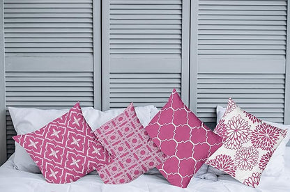 Ambesonne Vintage Throw Pillow Cushion Case Pack of 4, Monochrome Design Grid Trellis Quatrefoil Mesh and Dahlia Flowers Modern Print, Modern Accent Double-Sided Digital Printing, 24", Pink and White
