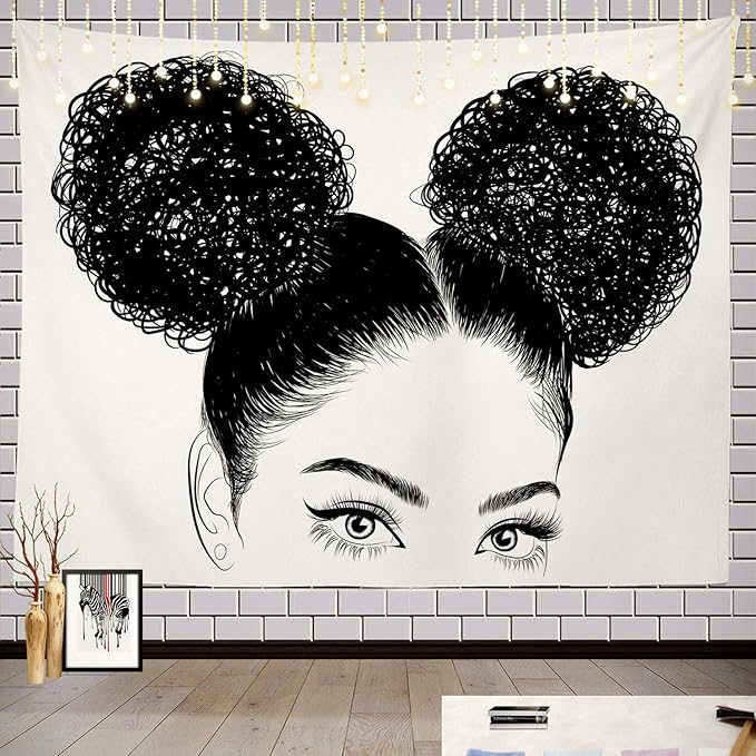 Batmerry Black Woman Afro American Tapestry, Black Woman with Shirt Graphic Tee Visit Hair Afro Girl Picnic Mat Hippie Trippy Tapestry Wall Art Decor for Bedroom Living Room, 59.1 x 82.7 Inches, Black