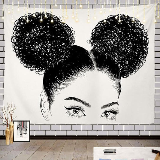 Batmerry Black Woman Afro American Tapestry, Black Woman with Shirt Graphic Tee Visit Hair Afro Girl Picnic Mat Hippie Trippy Tapestry Wall Art Decor for Bedroom Living Room, 59.1 x 82.7 Inches, Black