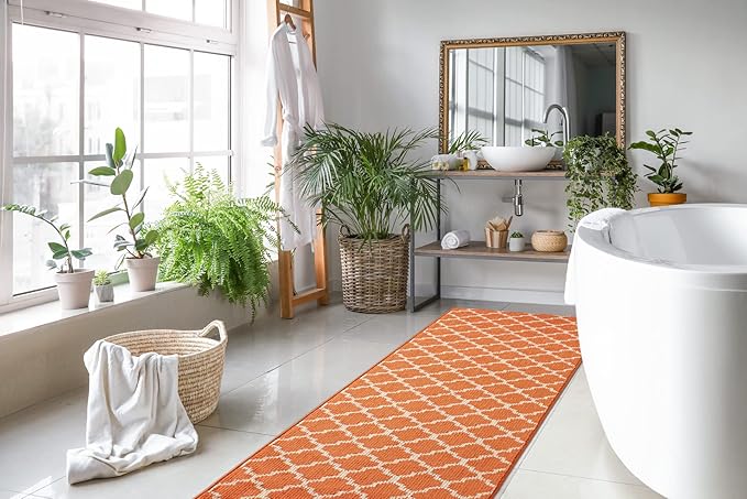 Custom Size Moroccan Trellis Runner Rug Mat for Wide Hallway Entryway Kitchen Laundry Room with Slip Resistant Latex Rubber Backing, Trellis Orange, 31 inch X 8 feet