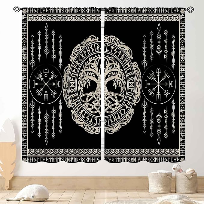 Viking Curtains, Nordic Tree of Life Celtic Rune Scandinavian Gothic Norse Mythology Aesthetic Retro Drapery for Bedroom Living Room Bathroom Window 2 Panel Set, 42"x63" Inch
